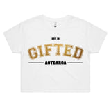 Gifted Aotearoa College Gold on white - Womens Crop Tee